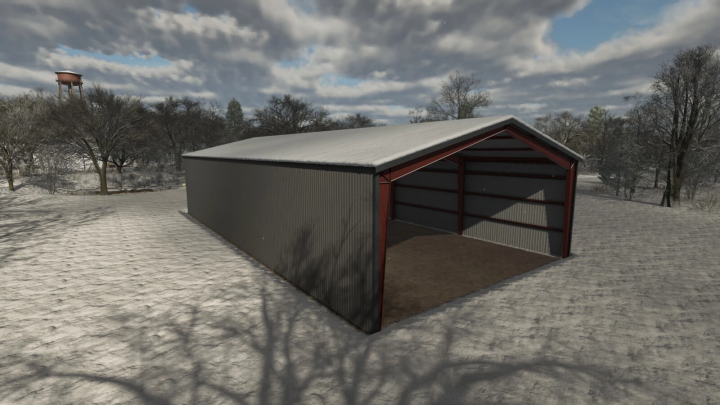 fs25-mods, Steel Hall mod in Farming Simulator 25, showing a large metal structure in a snowy landscape.