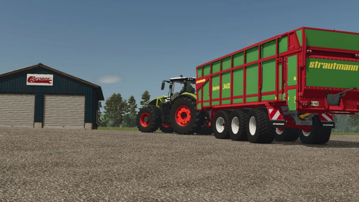 fs25-mods,  Strautman Aperion 7300 mod in FS25, featuring a green and red trailer with a tractor beside a barn.