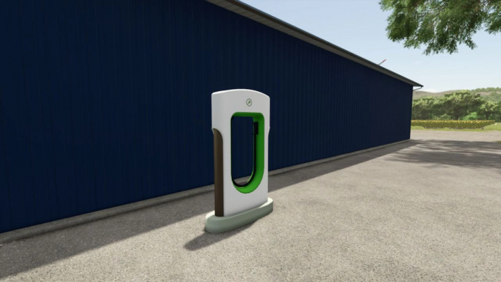 fs25-mods, Super Charger Station mod for FS25 displayed beside a blue building.