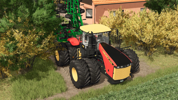 fs25-mods,  Versatile WD4 tractor mod in FS25, featuring large tires and a green attachment, set in a rural landscape.