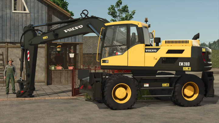 fs25-mods,  Volvo EW 210D excavator in FS25 mod near a farmhouse.