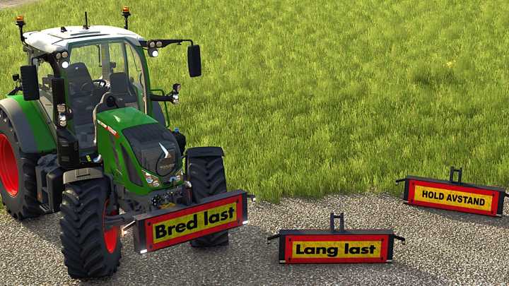 fs25-mods, FS25 mod: Tractor with Norwegian signs 'Bred last', 'Lang last', 'Hold avstand' in Farming Simulator 25.