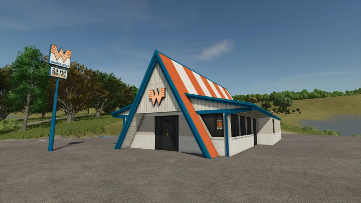 fs25-mods, FS25 mod Whataburger v1.0.0.0 showing a restaurant with iconic orange and white roof, set in a rural environment.