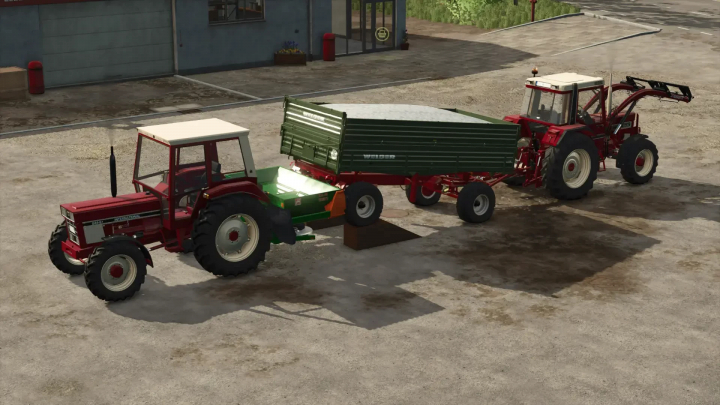 fs25-mods,  FS25 mod Wooden Wedge v1.0.0.0 with red tractors and green trailer in Farming Simulator 25.