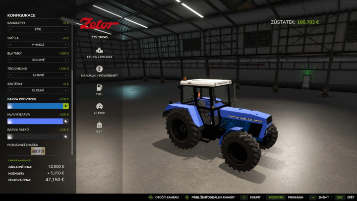 fs25-mods,  FS25 mod Zetor ZTS 16245 Real Sounds v1.0.0.0 featuring a blue tractor in a garage with configuration options visible.