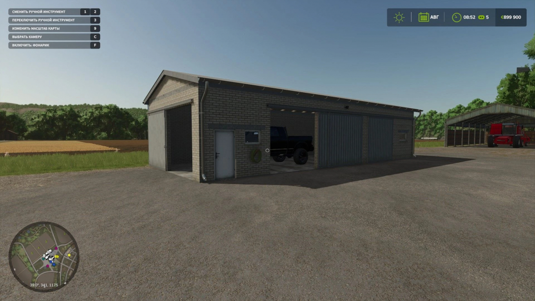 FS25 mods image showing an 18x7 meters garage with a pickup truck parked inside. Surrounding fields and a shed visible in Farming Simulator 25.