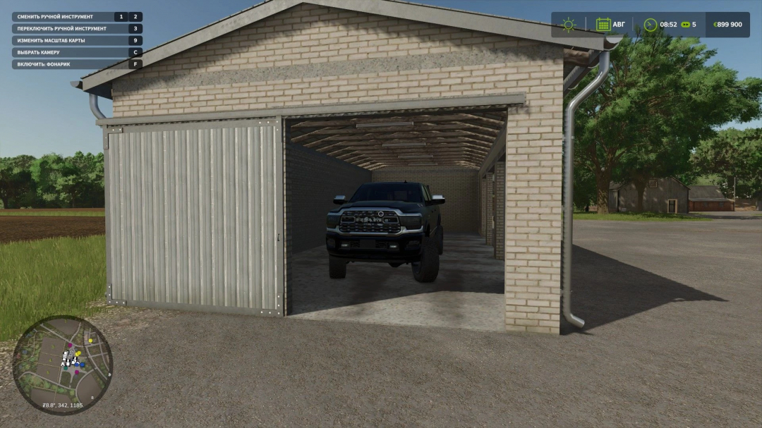 FS25 mods: 18x7 Meters Garage v1.2.0.0 featuring a truck parked inside. Farming Simulator 25 mod view.