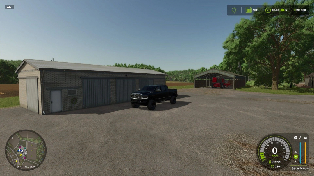 18x7 meters garage in FS25 mod with parked black truck, surrounded by trees and shed.