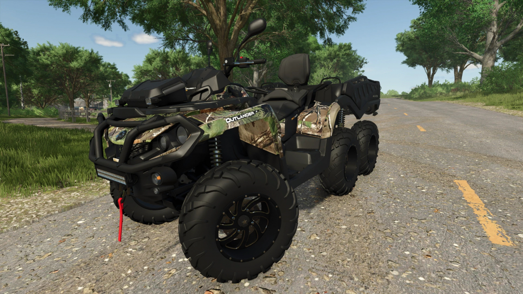 FS25 mod 2022 Can-Am Outlander Max 6x6 XU Plus 1000T on a rural road, showcasing its rugged design in Farming Simulator 25.