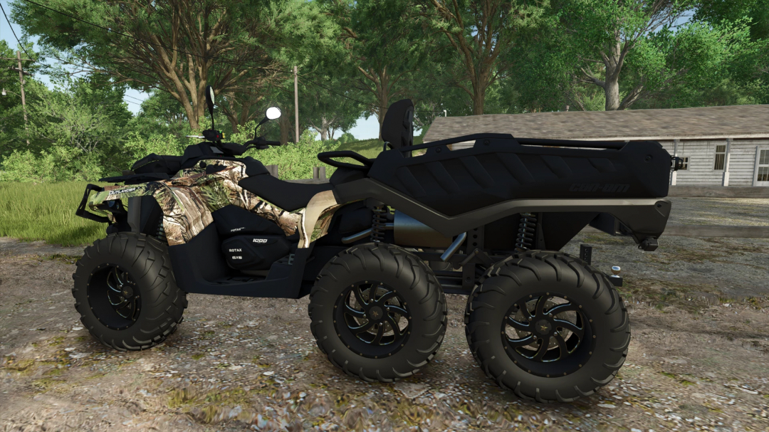 FS25 mod: 2022 Can-Am Outlander Max 6x6 XU Plus 1000T on a rural path in Farming Simulator 25.