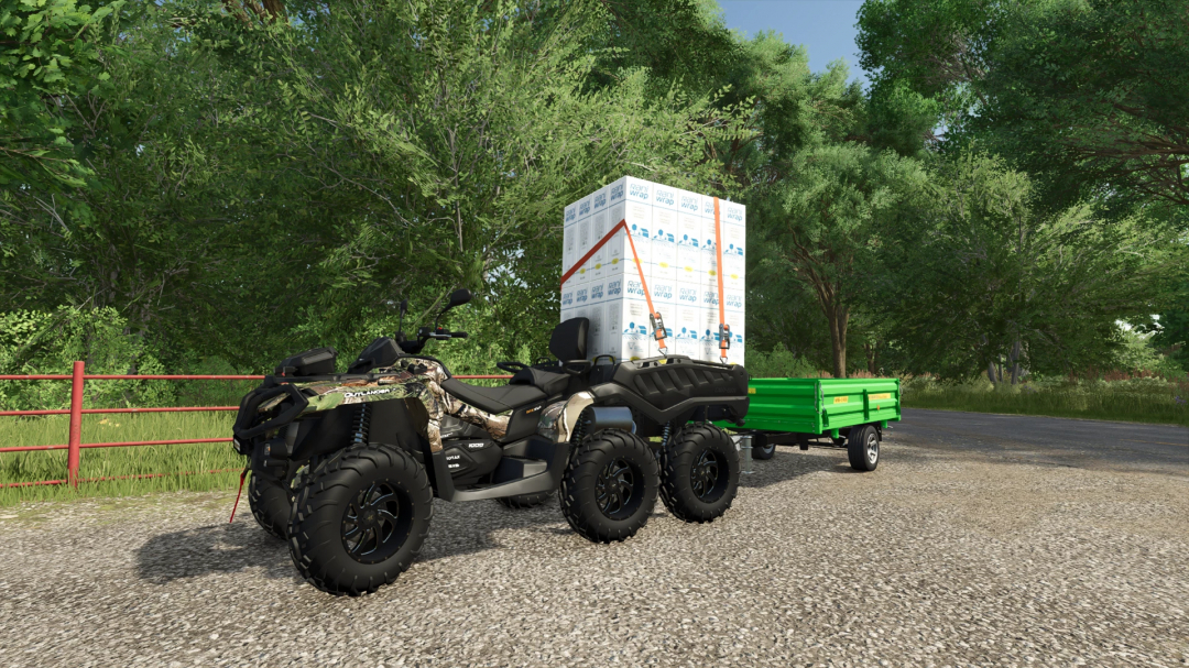 2022 Can-Am Outlander Max 6x6 XU Plus 1000T mod for FS25 towing a green trailer with boxes in a lush forest setting.