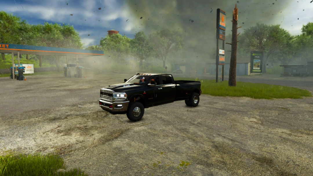 2024 Dodge Ram 3500 CrewCab mod for FS25 near a gas station in Farming Simulator 25.