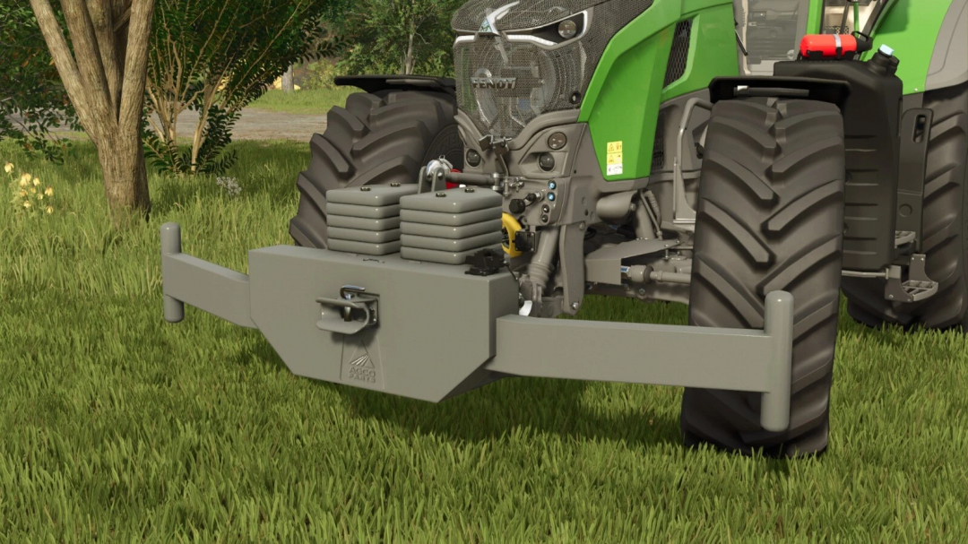 FS25 AGCO Weight Pusher mod v1.0.0.0 attached to tractor, adding front balance.