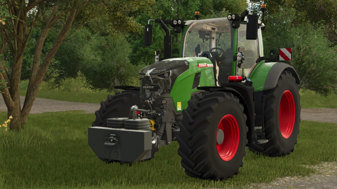 FS25 mod AGCO Weight Pusher v1.0.0.0 on a green tractor in a scenic setting.