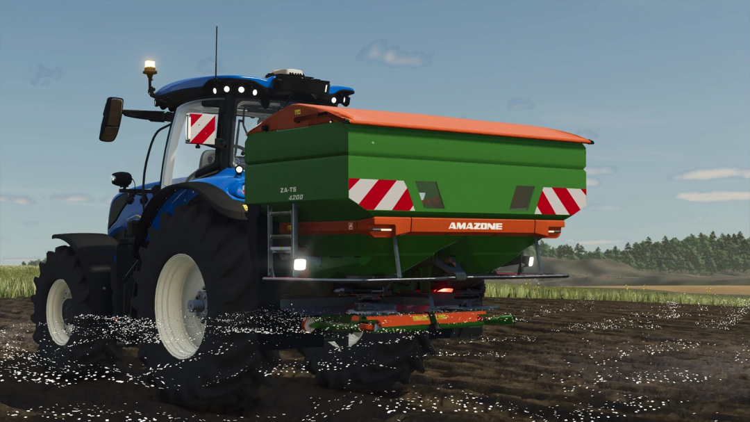 Rear view of tractor with Amazone ZA-TS 4200 mod in FS25, spreading fertilizer on field.