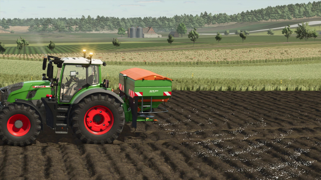 Farming Simulator 25 mod Amazone ZA-TS 4200 on a field, showcasing farming simulation.