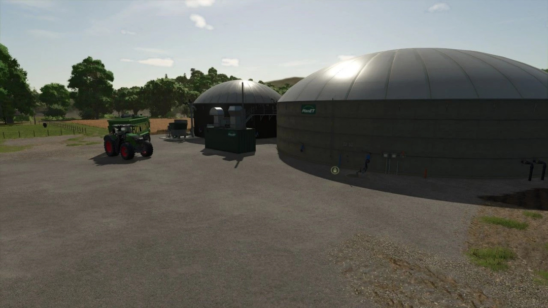 FS25 mod BGA 1500kW v1.0.0.0 showing biogas facility with tractor on gravel lot.