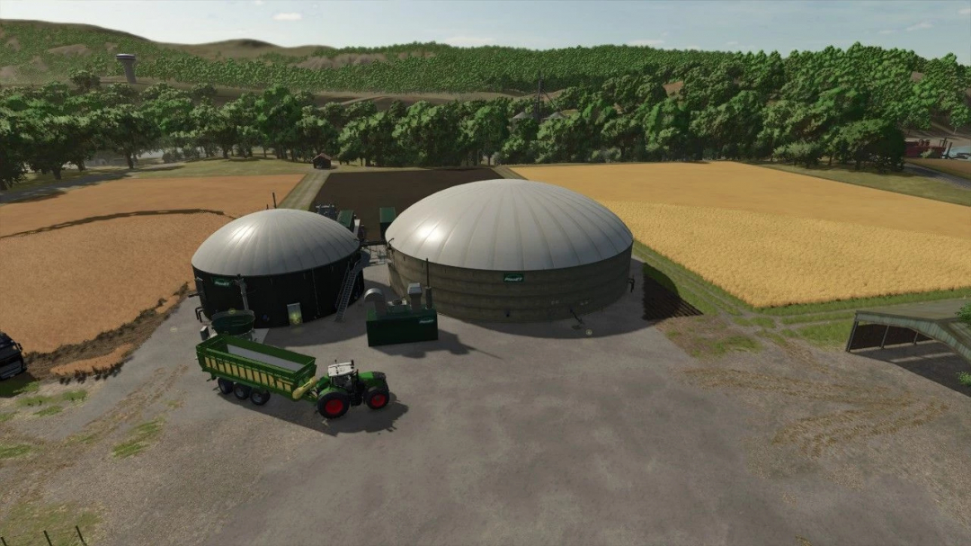 FS25 mod BGA 1500kW v1.0.0.0 featuring large biogas plant in a farm setting.