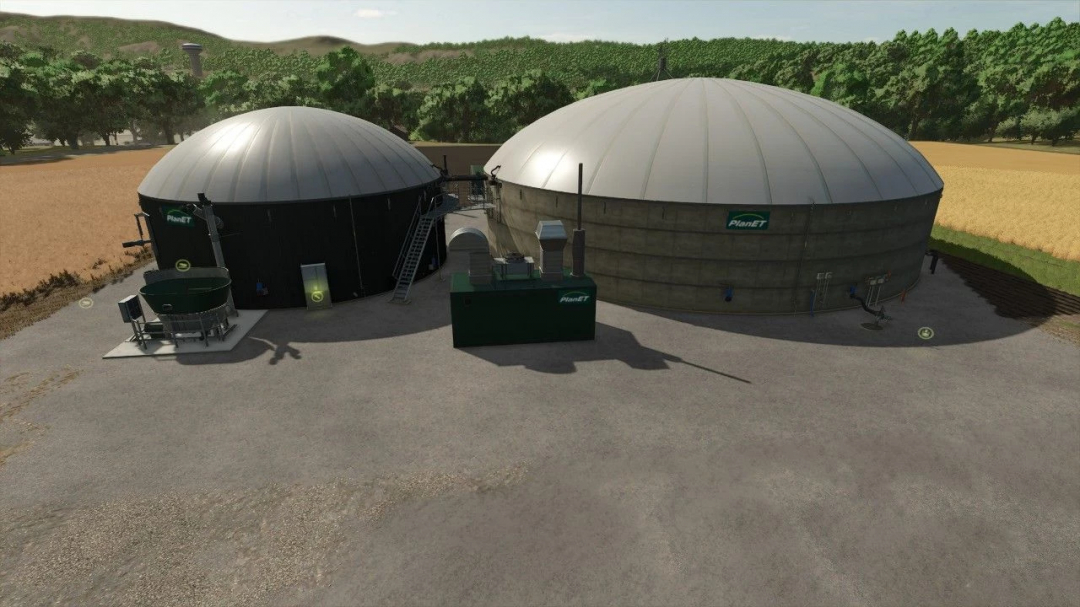 FS25 mods: BGA 1500kW installation in Farming Simulator 25 with two large domed tanks in a field setting.