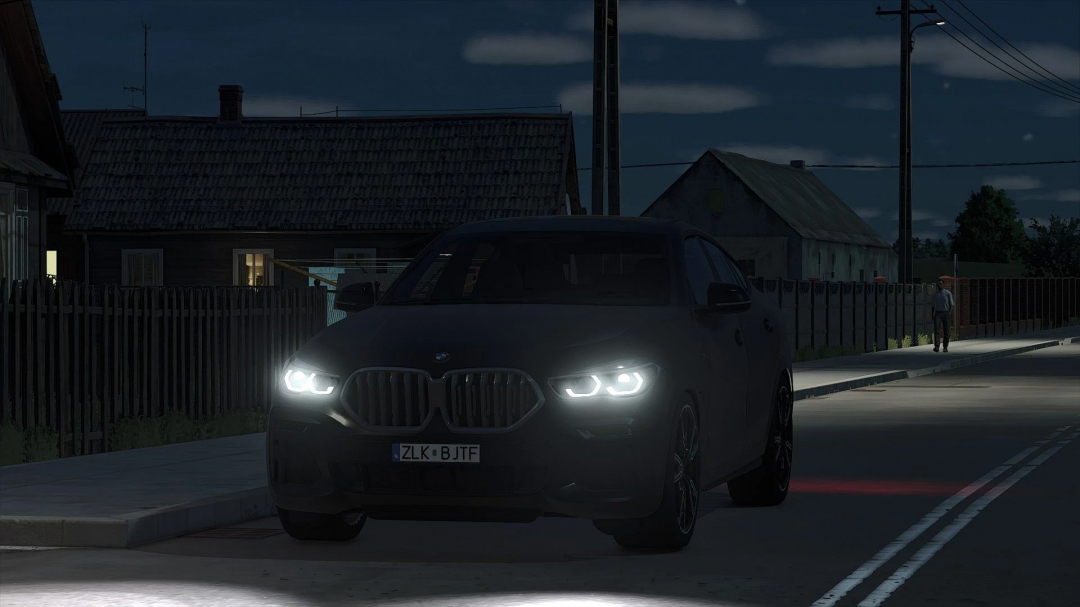 BMW X6 M-Sport 2020 mod for Farming Simulator 25 showcased at night with headlights on, highlighting FS25 mods.