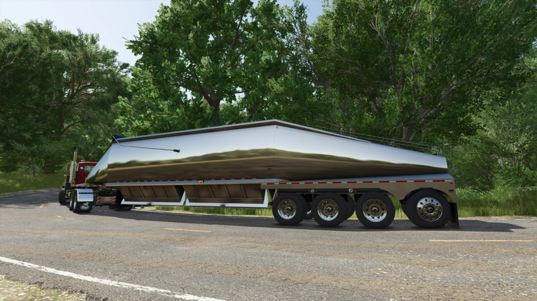 Beall Bullet Quad Axle Belly Dump trailer mod for FS25 on a road with greenery.