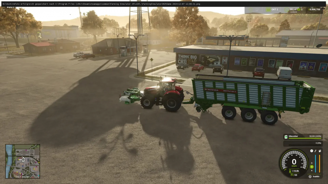 FS25 mod Bergmann Shuttle 490S v1.0.0.0 showcasing a red tractor with trailer on city street in Farming Simulator 25.