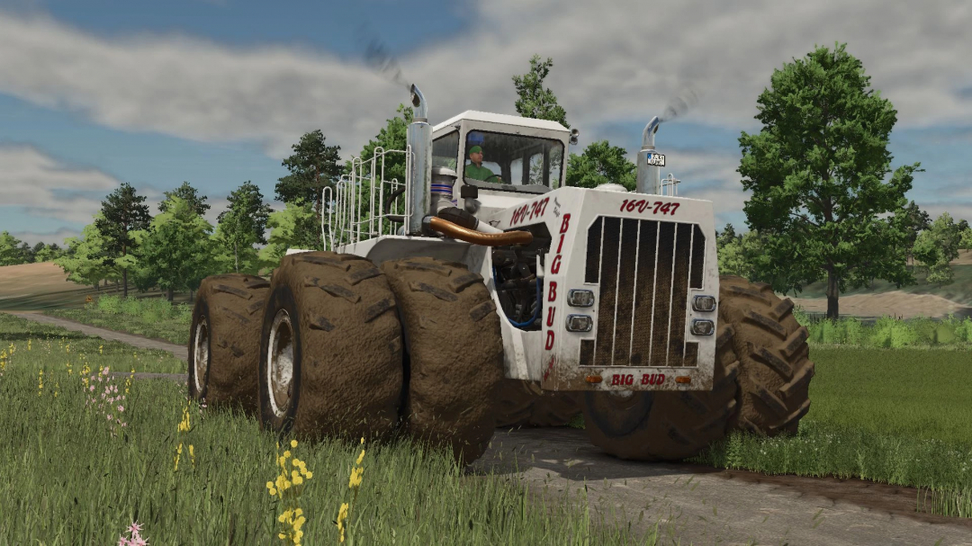 Big Bud 747 tractor mod in FS25 with dirt-covered tires on a field.