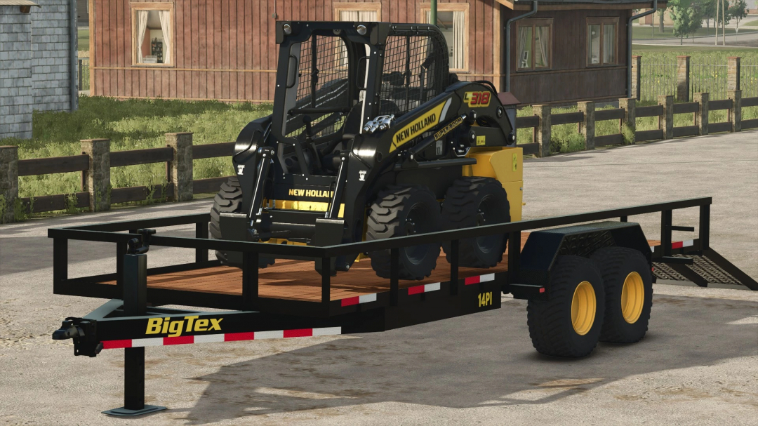 FS25 mod Big Tex HD Transporter Trailer v1.0.0.0 with New Holland skid steer loader.