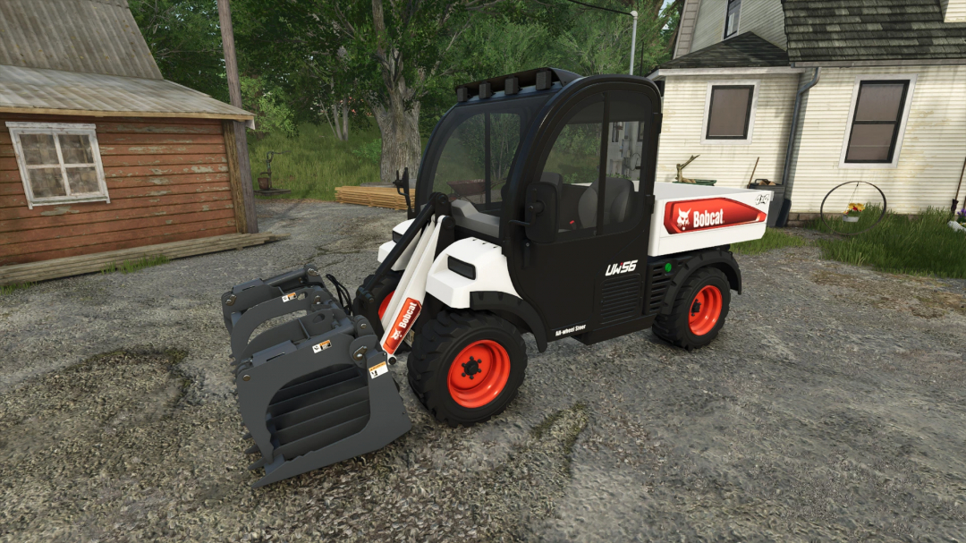 FS25 mod: Bobcat Toolcat UW56 in a rural setting, showcasing its detailed design.