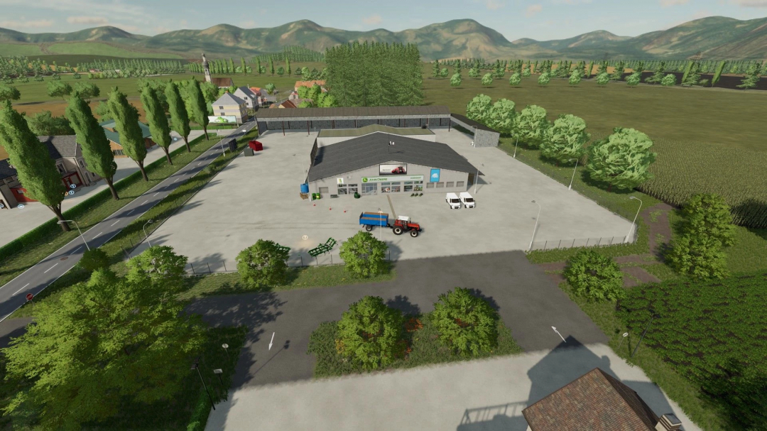 FS22 Bohemia Country mod, farm shop and landscape with hills, trees, and tractor parked outside.