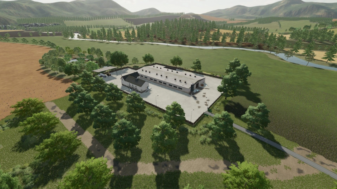 FS22 mod Bohemia Country v1.0.0.0 showcasing a scenic farm with a large building, surrounded by fields and trees.