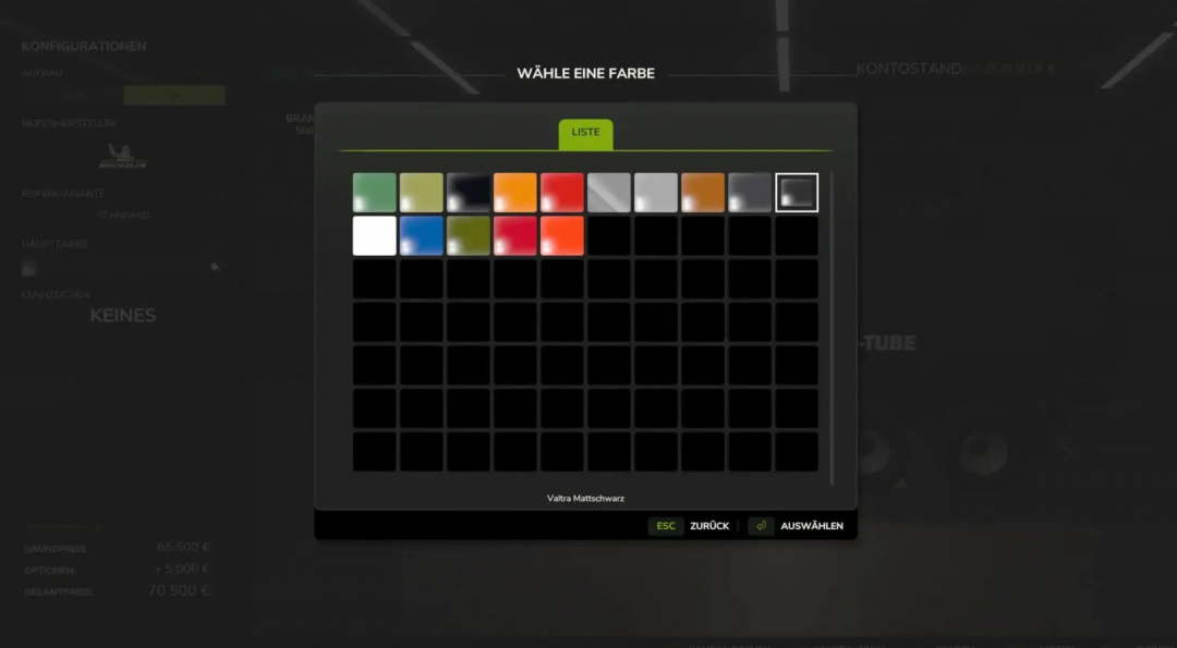 Color selection menu for Brandtner TR 5000 mod in FS25, featuring various color options.