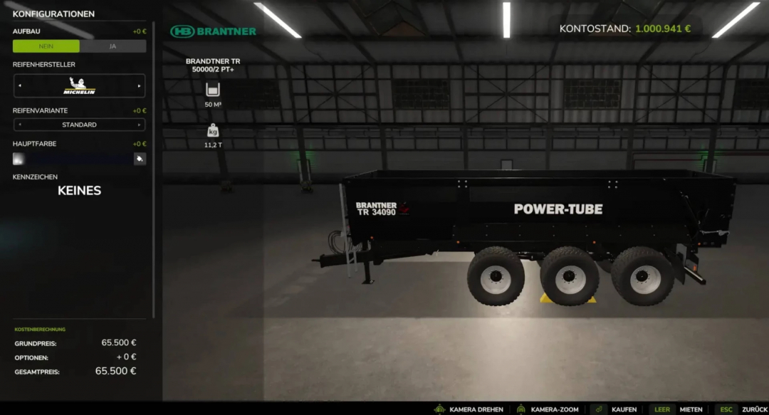 FS25 mod Brandtner TR 5000 trailer configuration screen with branding and specifications in Farming Simulator 25.