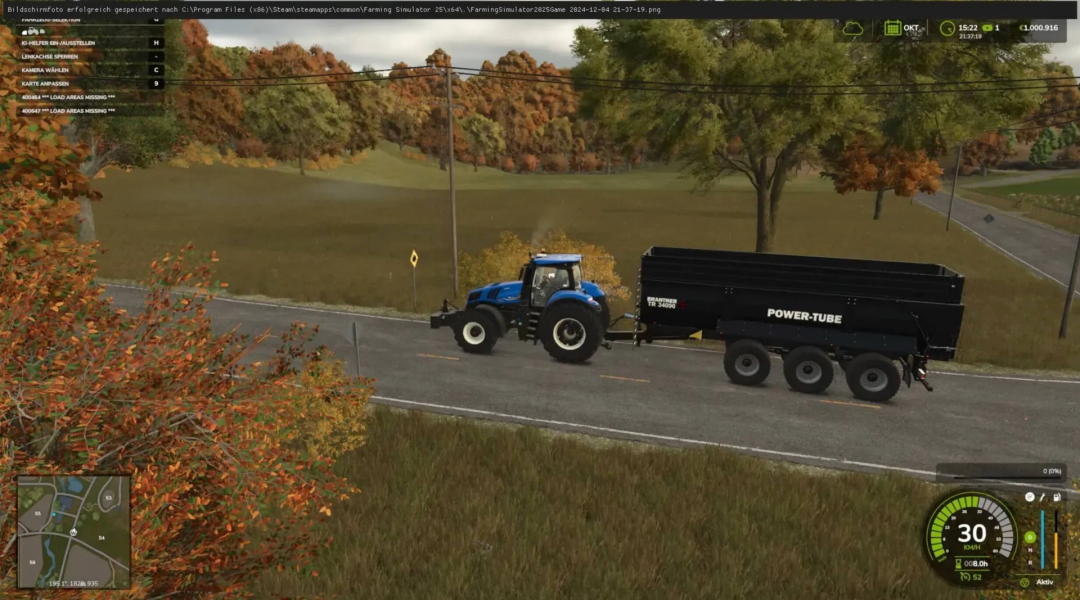 FS25 mod showing Brandtner TR 5000 trailer attached to blue tractor on road, with autumn trees in background.