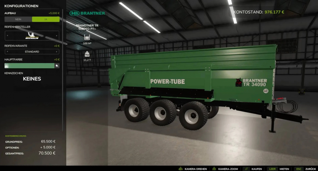 FS25 mod Brandtner TR 5000 trailer displayed in a garage with configuration options in Farming Simulator 25.