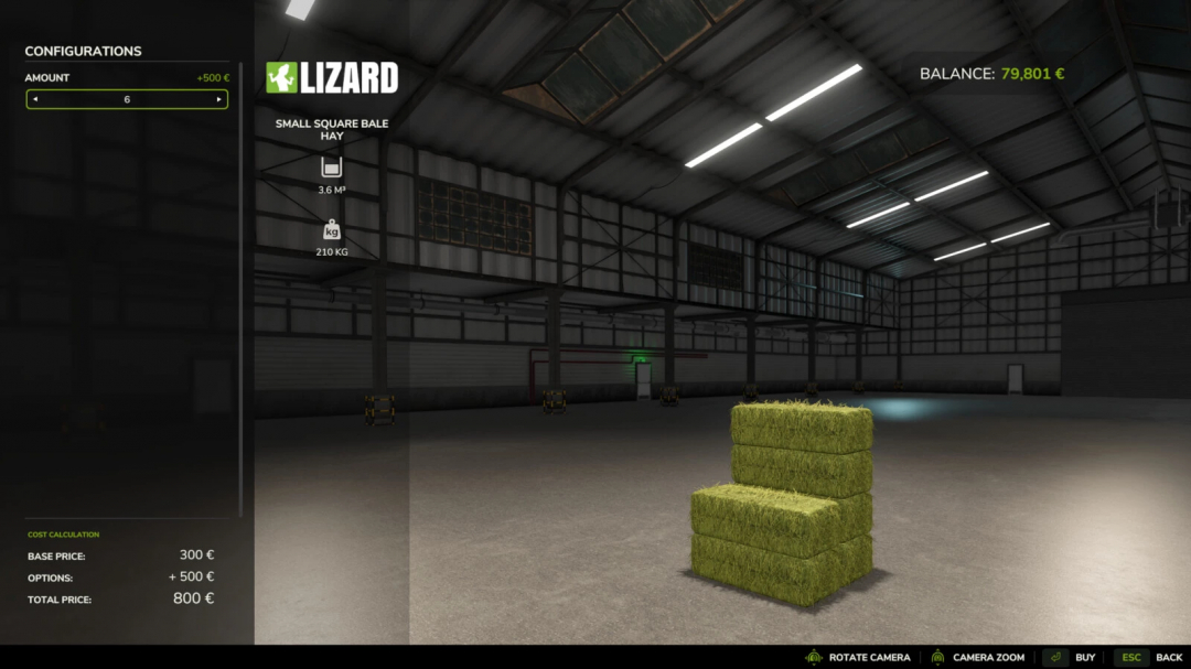 FS25 Buyable Small Square Bales mod showing hay bales in a warehouse setting with cost details.