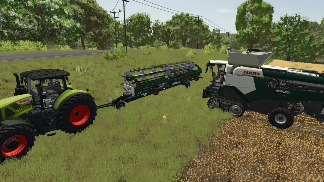 CLAAS Lexion combine harvester mod in FS25, showcasing a field with tractor and header displayed.