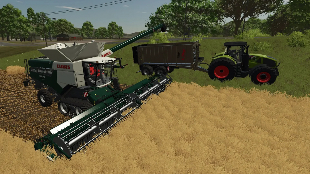 FS25 mod: CLAAS Lexion combine harvester working in the field next to a tractor, Farming Simulator 25.