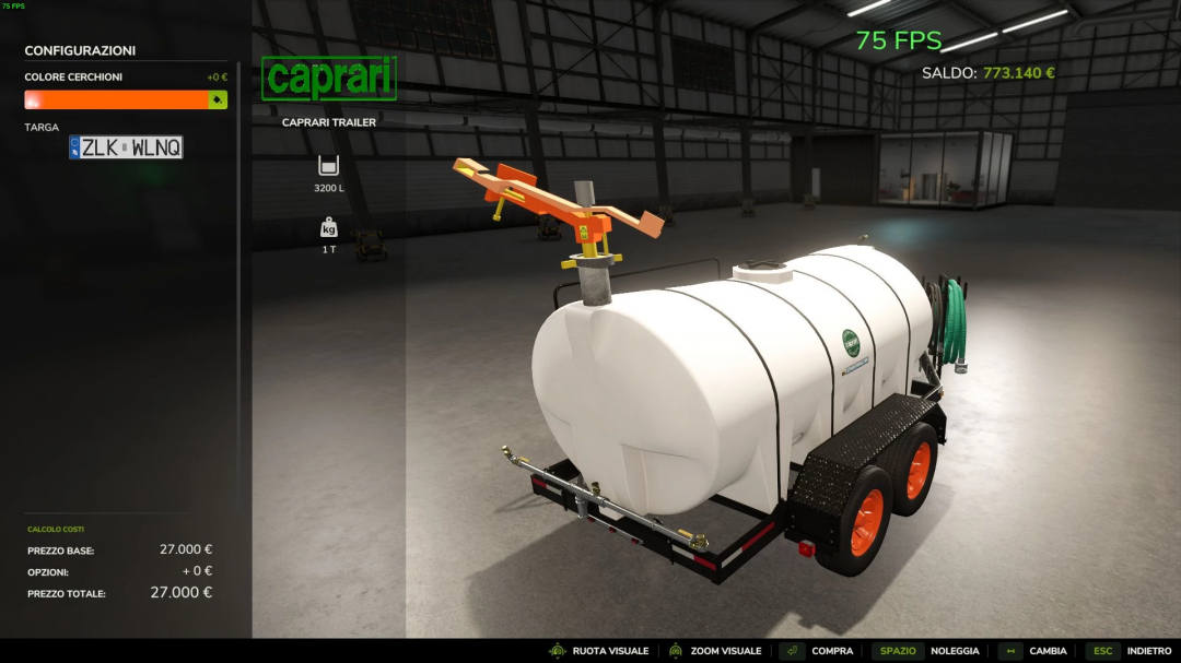 FS25 Caprari Agricultural Trailer mod v1.0.0.0, showing tank details and customization options.