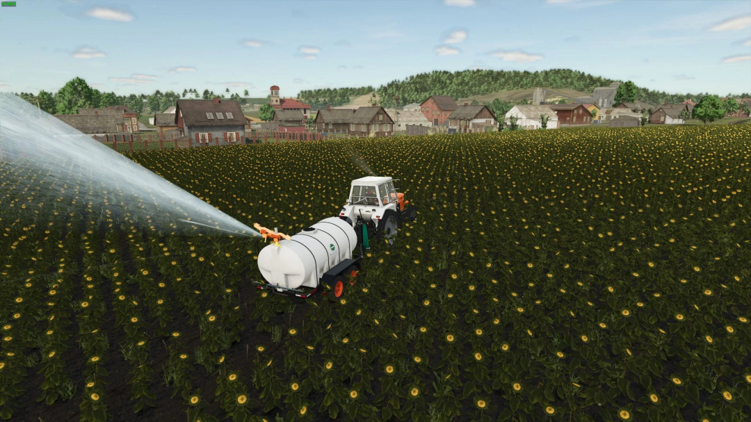 FS25 mod Caprari Agricultural Trailer in a sunflower field, enhancing farming simulation.