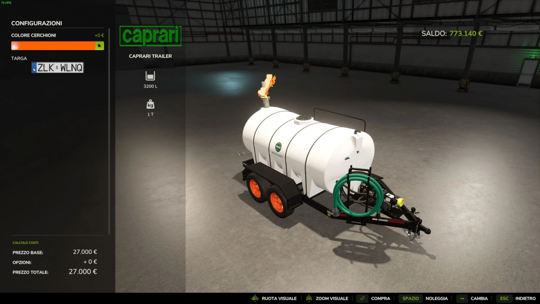 FS25 Caprari Agricultural Trailer mod, white tank on orange wheels, 3200L capacity, 1 ton; configuration menu on the left.