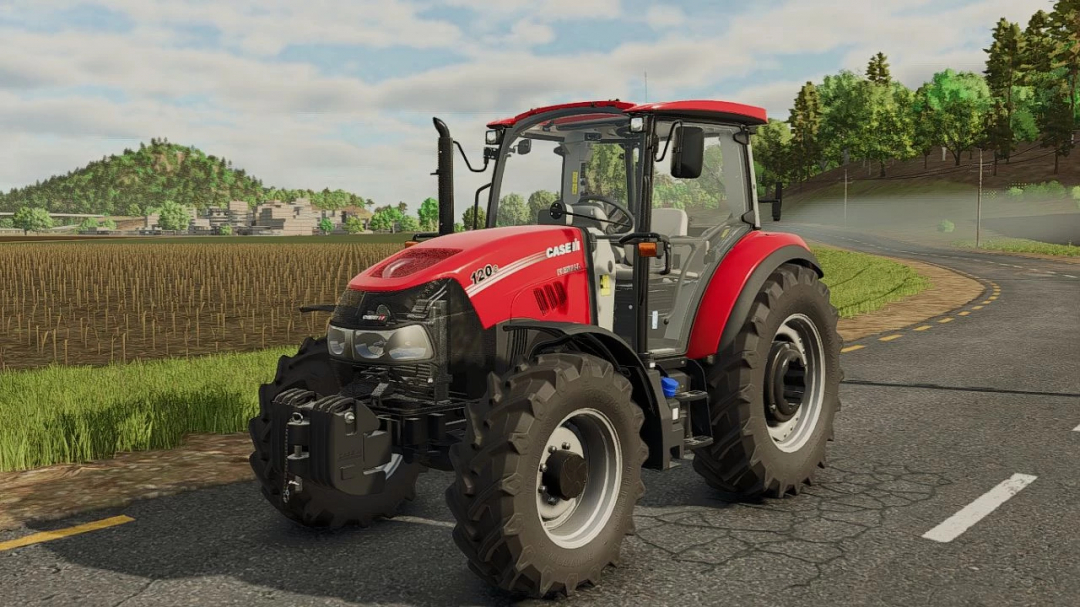 FS25 mod Case IH Farmall C Series v1.0.0.0 tractor on rural road, showcasing Farming Simulator 25 gameplay.