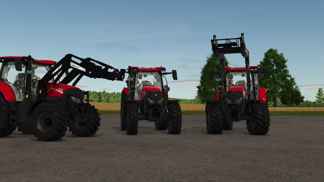 Three Case IH Maxxum 145CVX tractors in FS25 mod, parked on a farm with trees in the background.