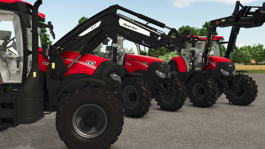 Three red Case IH Maxxum 145CVX tractors in FS25 mod viewed from the side.