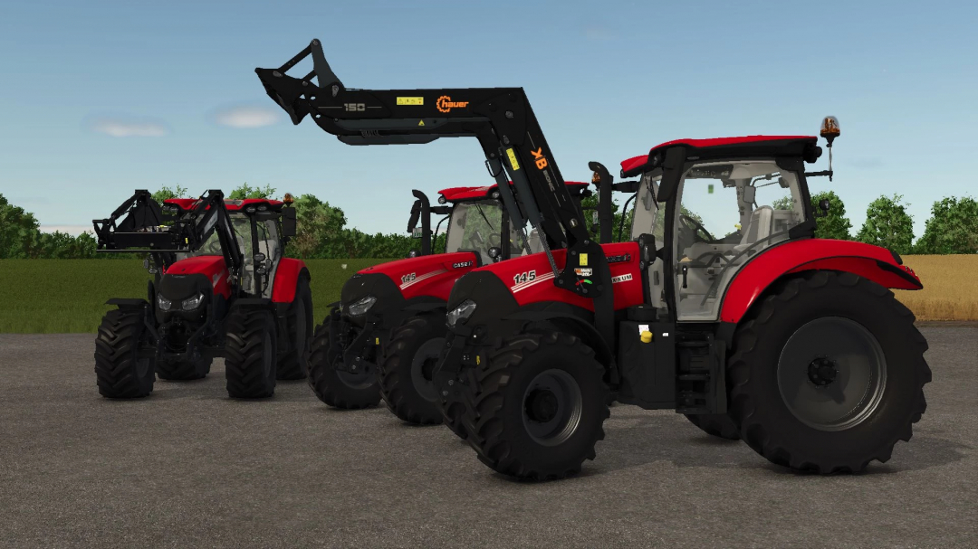 Three red Case IH Maxxum 145CVX tractors in FS25 mod with front loaders on a farm road.