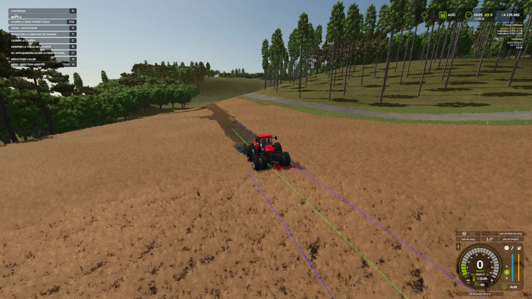 Case IH Optum tractor working on a large field in FS25 mod. The terrain is surrounded by trees under a clear sky.