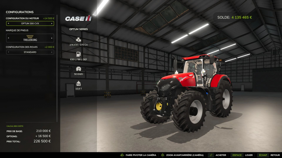 FS25 mod Case IH Optum in a garage, showcasing configuration options and specifications.