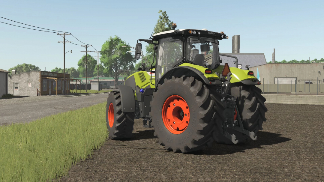 Claas Axion 800 tractor mod in FS25, parked on a farm with buildings in background.