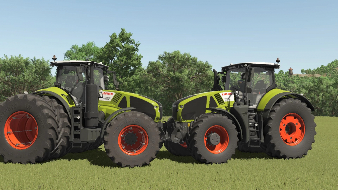 Image of Claas Axion 900 tractors in Farming Simulator 25 mod v1.0.0.0, showcasing realistic machinery on a grassy field.