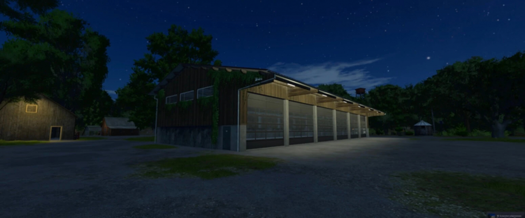 FS25 mod Composite Hall with solar modules at night, illuminated, featuring solar panels, trees in the background.